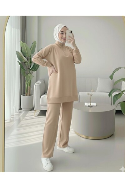 Modamorfo Half Zipper High Neck Combed Cotton Set - Mink