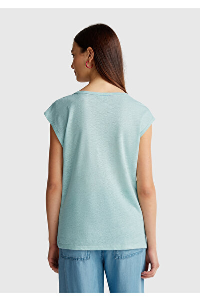 United Colors of Benetton Women's Aqua Green 100% Linen Relax Fit Round Neck T-Shirt with Side Slits
