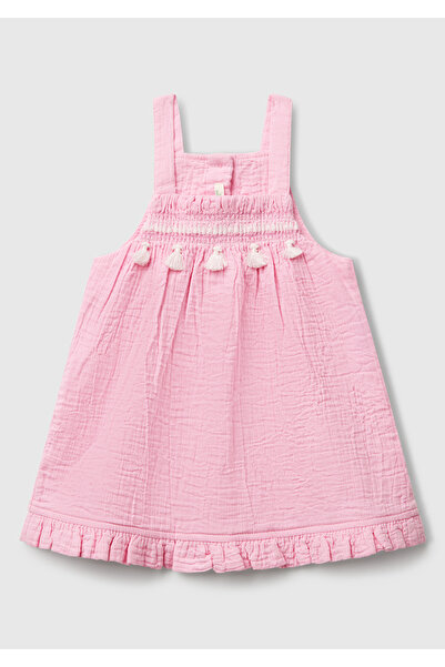 United Colors of Benetton Baby Pink Skirt Ruffled Tassel Detailed Button Back Muslin Jumpsuit