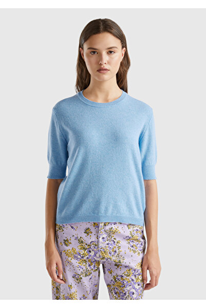 United Colors of Benetton Pulover de damă, albastru deschis, 100% merino, cu mânecă scurtă, cu guler rotund