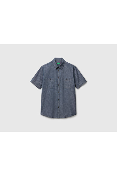 United Colors of Benetton Ανδρικό πουκάμισο μπλε 100% Koton με κοντό μανίκι Regular Fit Samre