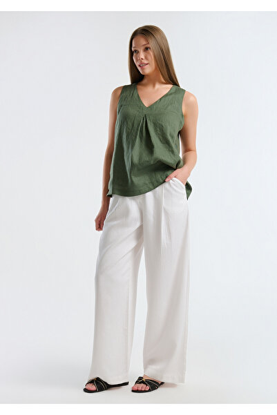 United Colors of Benetton Women's White Lyocell Blended Wide Leg Trousers with Elastic Waist