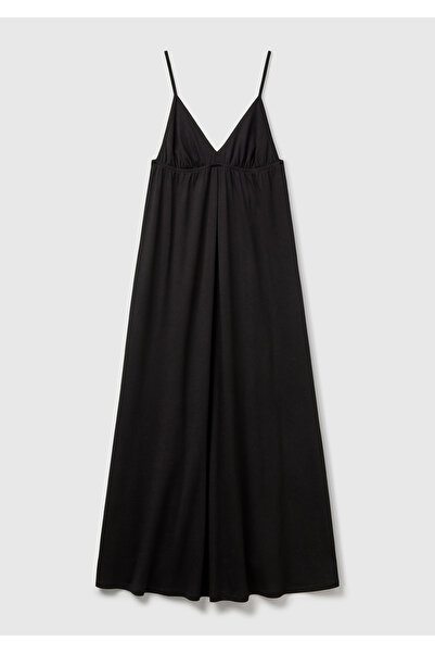 United Colors of Benetton Γυναικείο μακρύ φόρεμα με πλισέ λουράκι με λαιμόκοψη σε μαύρο βαμβακερό και ιξώδες μείγμα