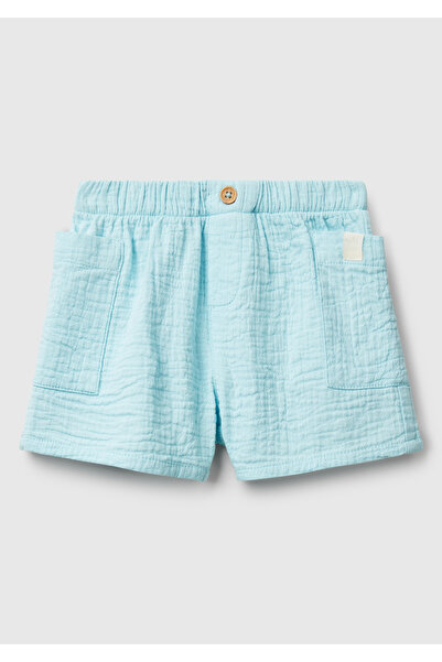 United Colors of Benetton Baby Turquoise Elastic Waist Patch Pocket Logo Label Muslin Shorts