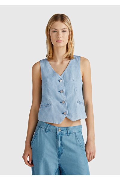 United Colors of Benetton Kadın Açık Mavi %100 Koton Şamre Denim Yelek