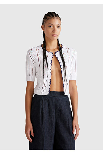 United Colors of Benetton Women's White 100% Cotton Slim Fit Short Sleeve Cardigan