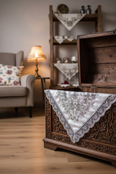 Çt Çeyizci Tekstil French Laced Embroidered, Satin Luxury Dowry Bundle, Engagement Bundle - Cream Satin Silver Lace