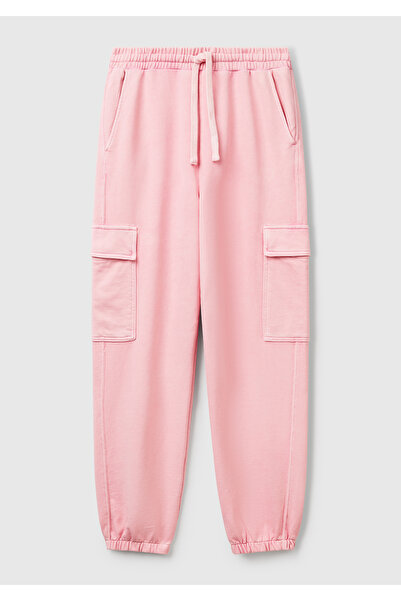 United Colors of Benetton Γυναικείο ροζ 100% βαμβακερό κορδόνι μέσης Relax Fit Cargo Sweatpants