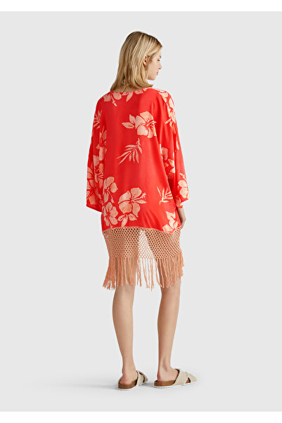 United Colors of Benetton Γυναικείο πορτοκαλί βαμβακερό και βισκοζέ με μοτίβο φούντα με λεπτομέρεια κιμονό
