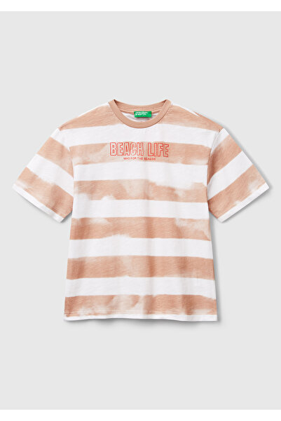 United Colors of Benetton Αγόρι σκούρο μπεζ μπλουζάκι με στάμπα με ριγέ λαιμόκοψη