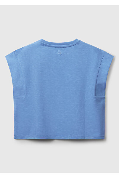 United Colors of Benetton Tricou albastru pentru fetiță, brodat cu macrame în față și cu logo imprimat pe spate