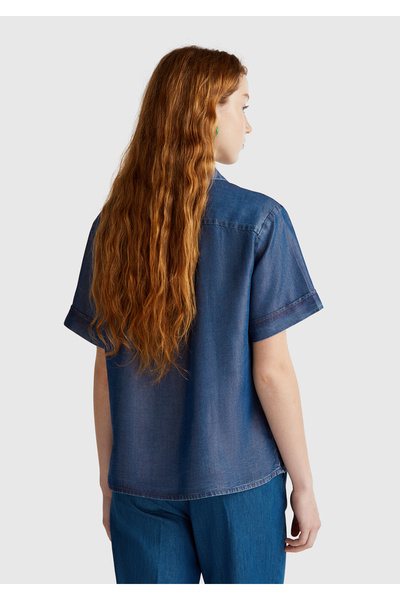 United Colors of Benetton Cămașă de damă albastru închis 100% Liyosel cu mânecă scurtă din denim