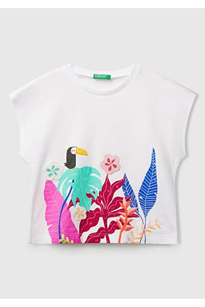 United Colors of Benetton Κοριτσίστικο μπλουζάκι με λευκό μείγμα με λεπτομέρεια με μανίκια κιμονό