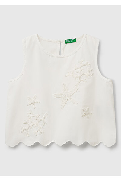 United Colors of Benetton Κοριτσίστικο Λευκό Κέντημα Μπροστά Κουμπί Πίσω Μουσελίνα Αμάνικο Μπλουζάκι