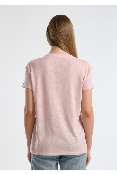 United Colors of Benetton Women's Pink 100% Linen Off Shoulder Relax Fit V-Neck T-Shirt