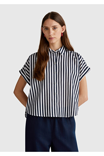 United Colors of Benetton Women's Navy Blue Linen Blended Striped Kimono Sleeve Shirt