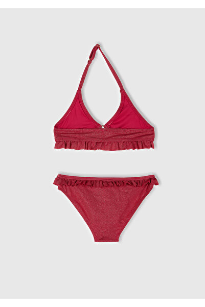 United Colors of Benetton Girl's Fuchsia Glittery Ruffle Detailed Halter Neck Bikini Set