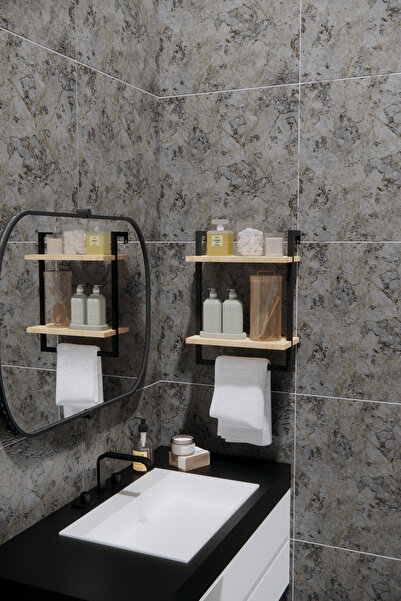 Phobia Duvara Monte Banyo Rafı Siyah Metal | 2 Katlı Havluluk ve Düzenleyici Organizer 40x20 cm
