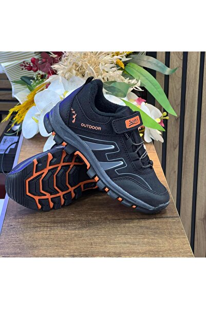 homiro Bantlı Unisex Kısa Çocuk Spor Outdoor Ayakkabı-Siyah-Oranj
