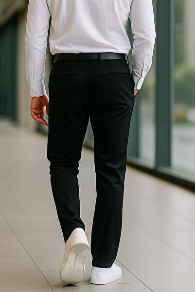 CEDY DENIM Erkek Likralı Yüksek Bel Regular Fit Bol Kesim Yandan Cepli Chino Klasik PantolonC321-Siyah