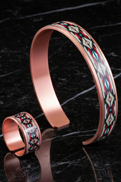 OSMANLI GÜMÜŞ Women's Copper Bracelet Ring Set - Ivan Model Special Edition Metal Box and Quartz Stone