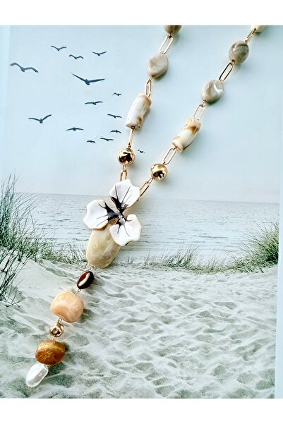 My Joyas Design ZR Model Beyaz Mine Çiçekli Kemik Boncuk Y Kolye 51cm