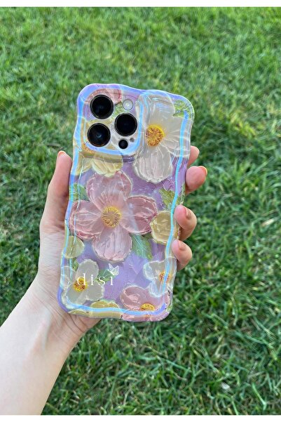 Disi (IPHONE 14) Lila Kenarları Dalgalı Çiçek Desenli Lüx Mavi Işık Premium S...