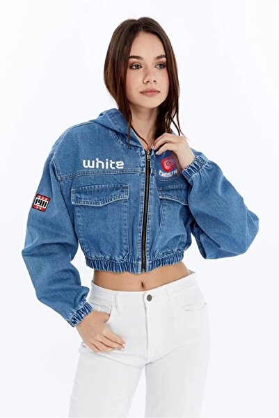 CHOS7N Jachetă de blugi cu glugă imprimată pentru femei, cu două buzunare mari în față, cu talie și mâneci, jachetă bomber elastică