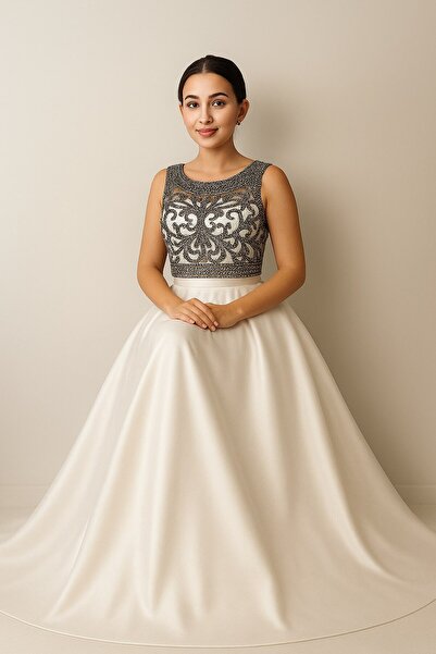 KIBRA DESİGN Gümüş Taş İşlemeli Balon Etek Model El Yapımı Şık Abiye Saten Kumaş, Özel Gün ve Davet Elbisesi