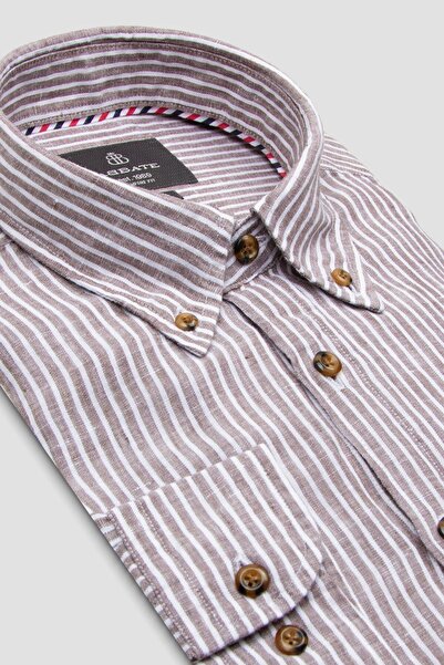 Abbate Sorento Linen Linen Comfort Fit Brown Button Collar Men's Striped Shirt