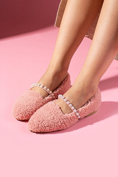 FUGA MODA Balerina de casă Averis Pudra, cu textura de perle, cu centură