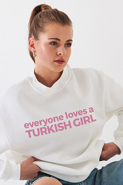 Disante Unisex Oversize Fit Sweatshirt TURKISH GIRL Baskılı – Bisiklet Yaka, ...