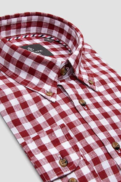 Abbate Sorento Лляна сорочка Comfort Fit Червона сорочка з ґудзиками на комірі Чоловіча сорочка в клітинку