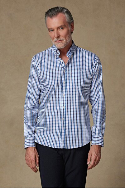 Abbate Aldomar Armür Pamuklu Comfort Fit Açık Mavi Düğmeli Yaka Erkek Kareli Gömlek