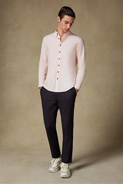 Abbate Mario Poplin Pamuklu Comfort Fit Pembe Düğmeli Yaka Erkek Düz Gömlek