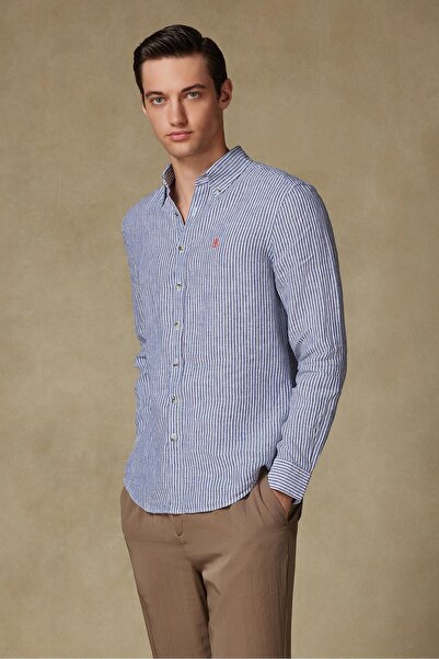 Abbate Sorento Linen Linen Comfort Fit Dark Blue Button Collar Men's Striped Shirt