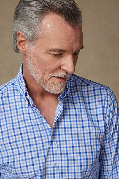 Abbate Данте Поплин Памук Комфортна кройка Светлосиня Риза с копчета и яка Мъжка карирана риза