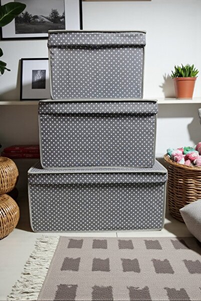 VAYBE 3-Piece Gray Polka Dots Pattern Mega-Maxi-Mini Box Bag Set! !! Pot, Organizer, Toy Box