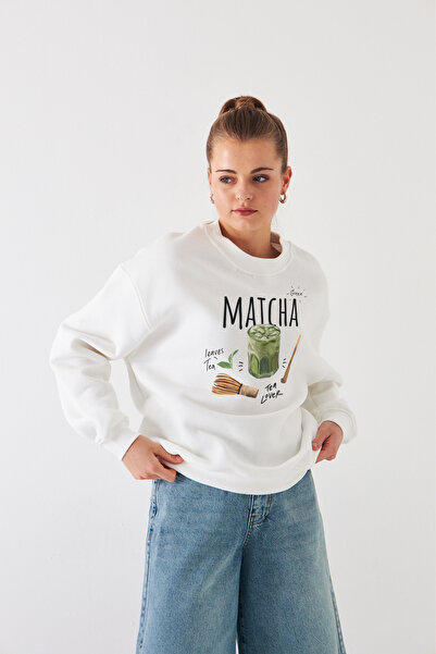 Disante سويت شيرت للجنسين بمقاس كبير مطبوع عليه ماتشا - ياقة دائرية، 3 خيوط م...