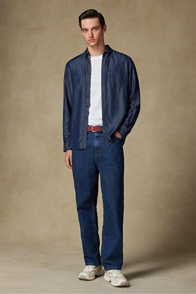 Abbate Gino Denim Lyocell Comfort Fit Lacivert Düğmeli Yaka Erkek Düz Gömlek