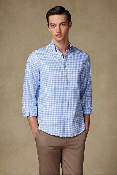 Abbate Lusso Twill Cotton Comfort Fit Light Blue Button Collar Men's Checkered Shirt