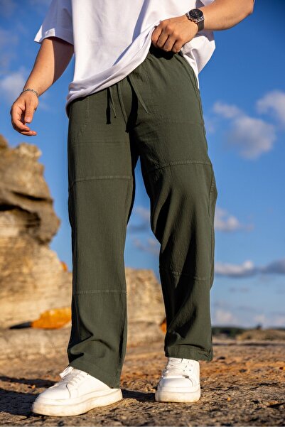 COMBİNE MİCHAİL Yeni Sezon Yazlık Rahat Kalıp Keten Erkek Haki Pantolon