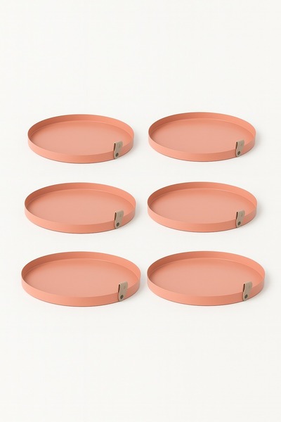 hemlife 6-Piece 25 cm Metal Round Tea, Coffee, Serving Tray with Leather Handles Decorative Presentation Tray