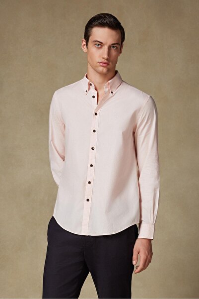 Abbate Mario Poplin Pamuklu Comfort Fit Pembe Düğmeli Yaka Erkek Düz Gömlek