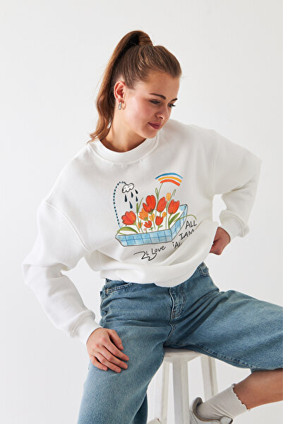 Disante Hanorac oversize pentru femei cu imprimeu All Is Love – Gât cu gât ro...