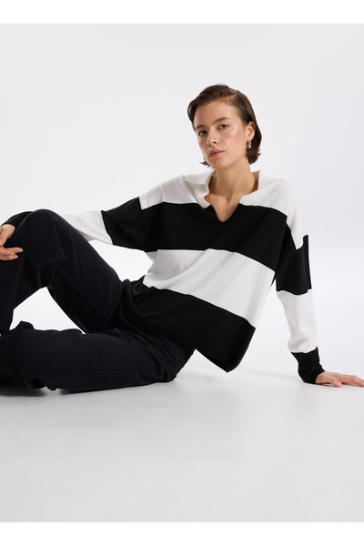 Fabrika Polo Yaka Rahat Çizgili Siyah - Beyaz Kazak Kadın F3WL-KZK2