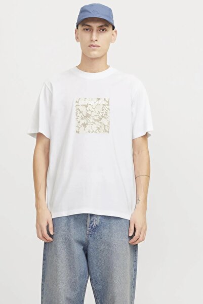 Jack & Jones Erkek Beyaz Jcotarmac Camo Front Tee Ss Crew Neck Ln T-shirt 12273239-Brightwhi
