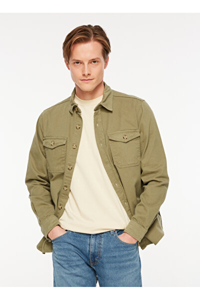 The Crow Άνετο ανδρικό πουκάμισο χακί μονόχρωμο TC3001