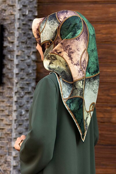 Vissona 100% Twill Silk Chain Marble Pattern Emerald Green - Khaki Color 90X90 Scarf Planting Shape: Hand Stitching