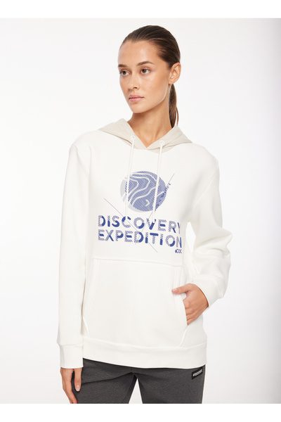 Discovery Expedition Kırık Beyaz Kadın Kapüşon Yaka Relaxed Fit Baskılı Sweat...